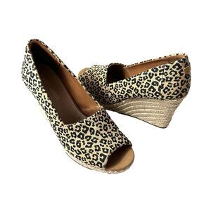 TOMS Womens 9 Slip On Comfort Casual Cheetah Print Wedge Espadrille Peep Toe New